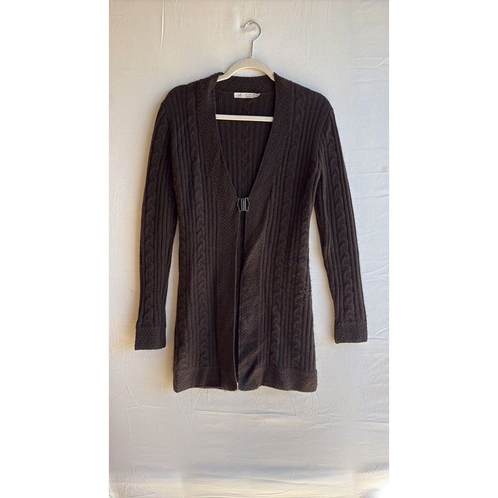 Raffi Cashmere Brown Cable Knit Longline Cardigan with Front Clasp